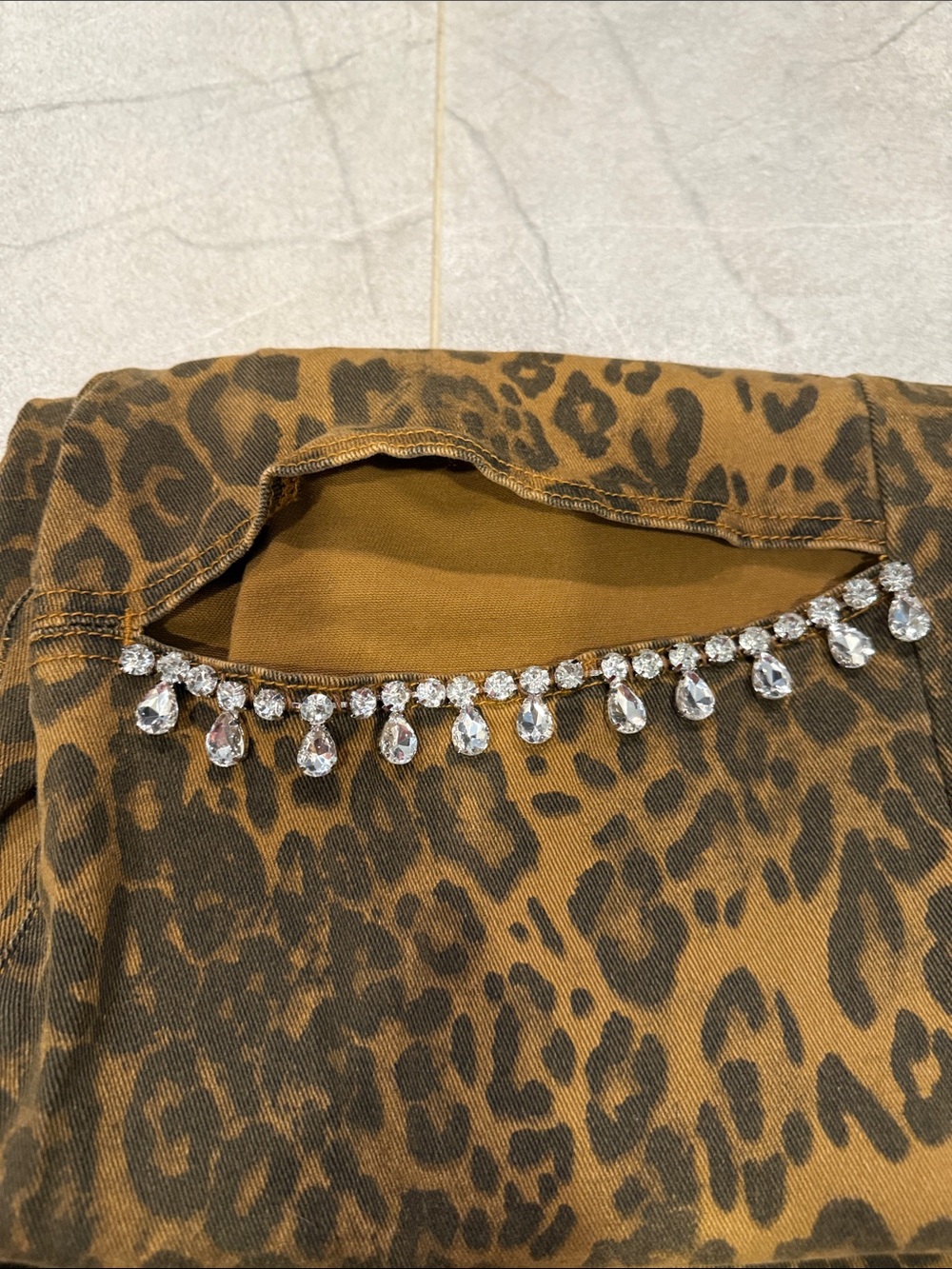 Leopard Print Wide Leg Jeans with Rhinestone Trim - Brown - Picture 7 of 7